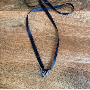 🖤 Handmade Silver Bat Charm Black Satin Ribbon Choker Necklace